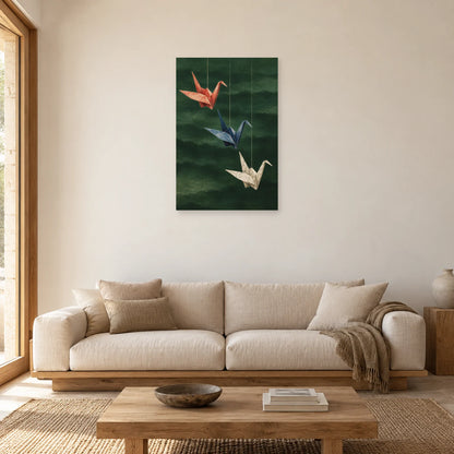 Affiche Origami - Trois grues de papier dans un salon - Art Virtuoso