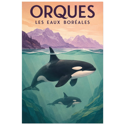 Affiche Orques – Les eaux boréales, affiche rétro / gouache paysagère verticale, format 40 × 60 cm