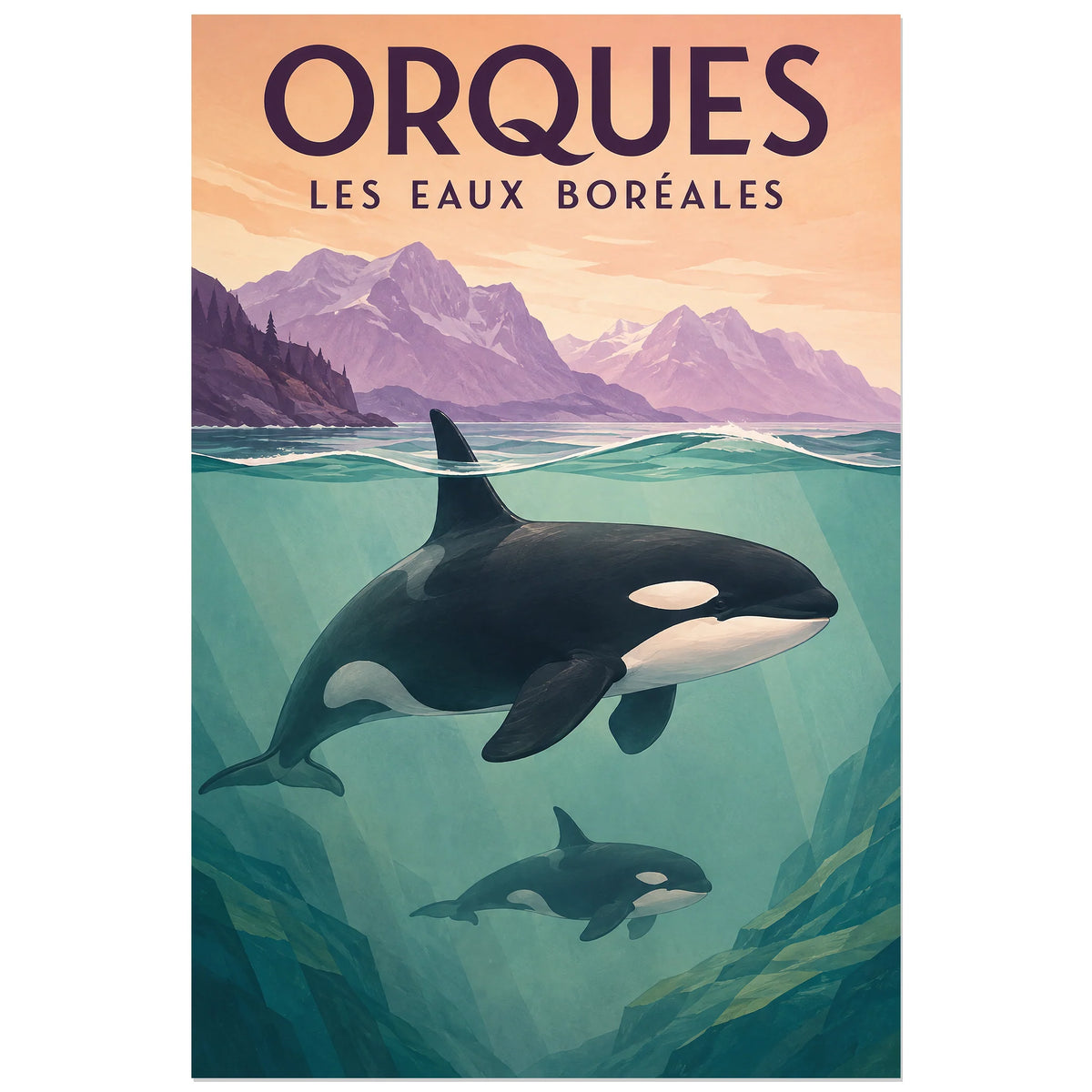 Affiche Orques – Les eaux boréales, affiche rétro / gouache paysagère verticale, format 60 × 90 cm