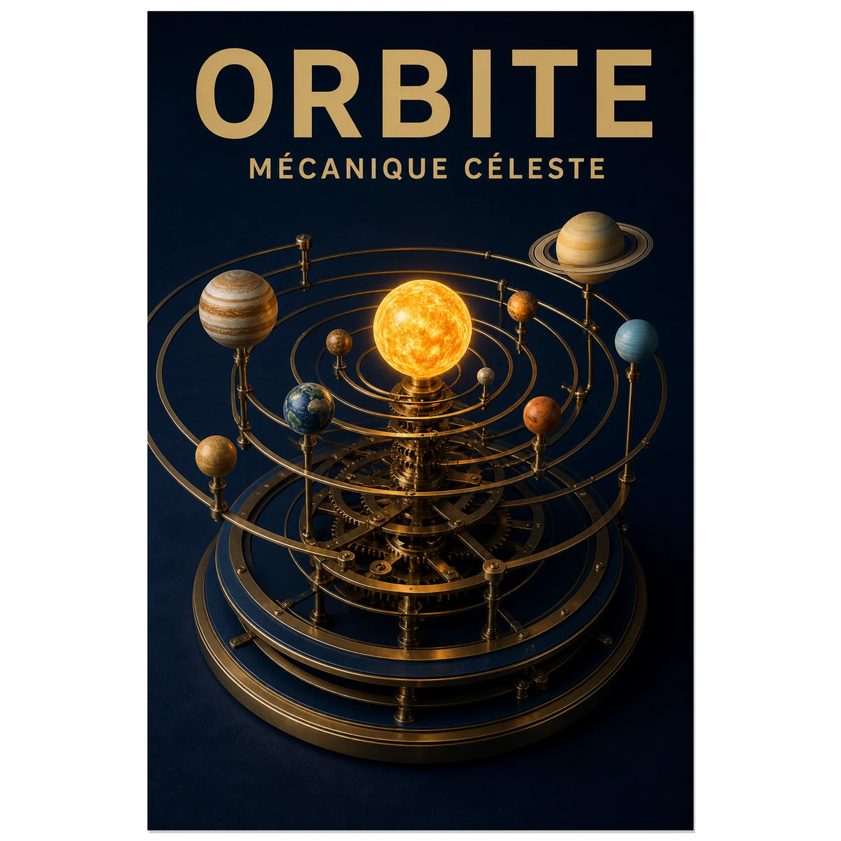 Affiche Orbite – Mécanique céleste, illustration mécanique réaliste et raffinée verticale, format 30 × 45 cm