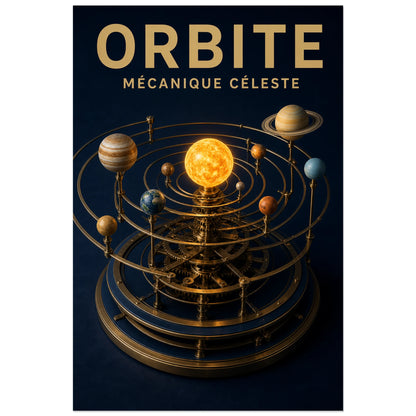 Affiche Orbite – Mécanique céleste, illustration mécanique réaliste et raffinée verticale, format 40 × 60 cm