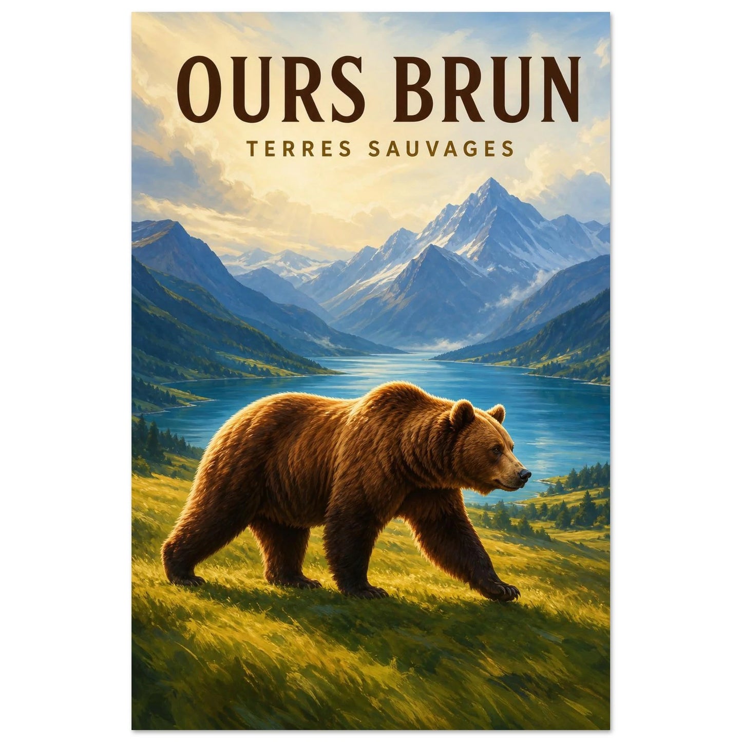Affiche Ours Brun – Terres Sauvages, gouache contemporaine verticale, format 30 × 45 cm
