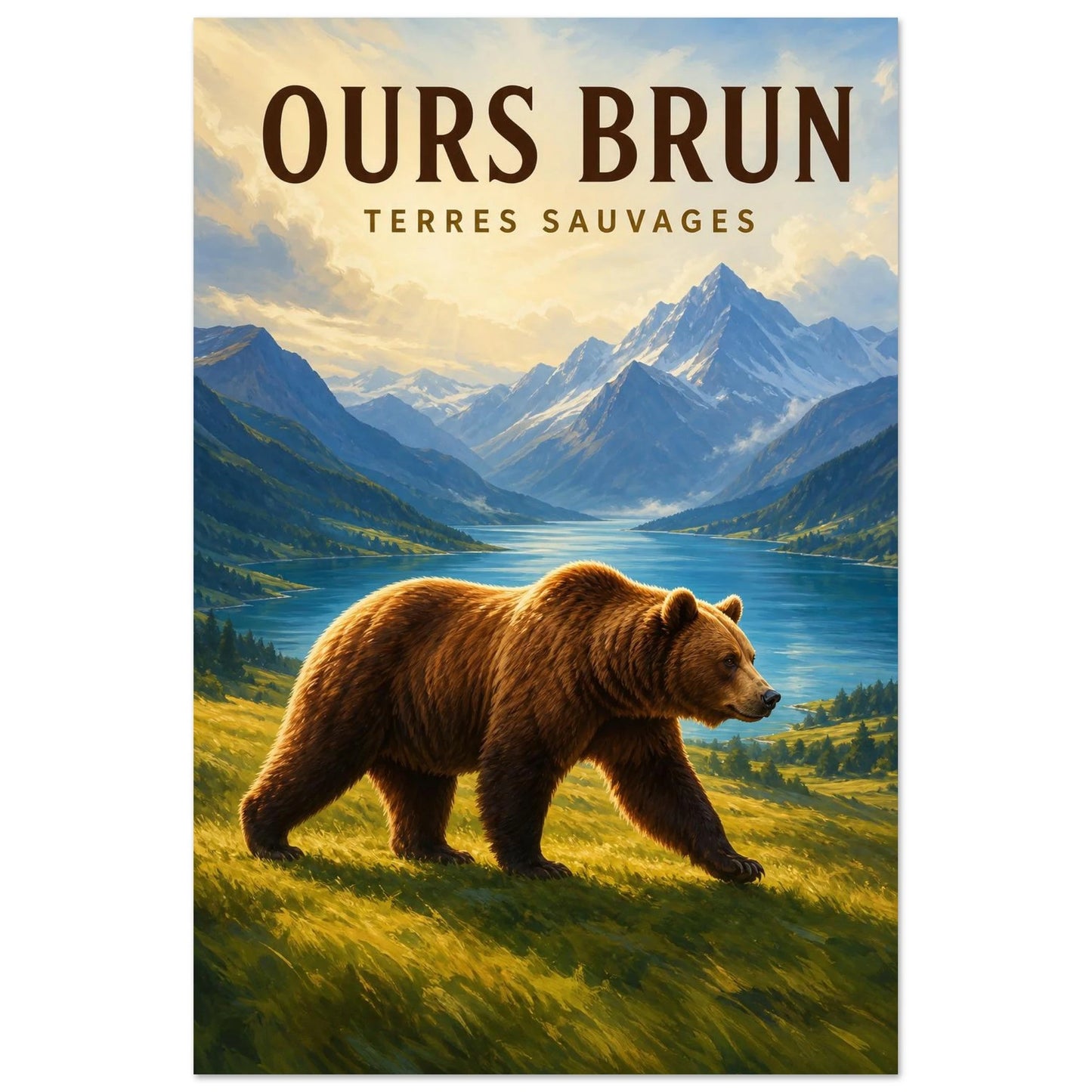 Affiche Ours Brun – Terres Sauvages, gouache contemporaine verticale, format 40 × 60 cm