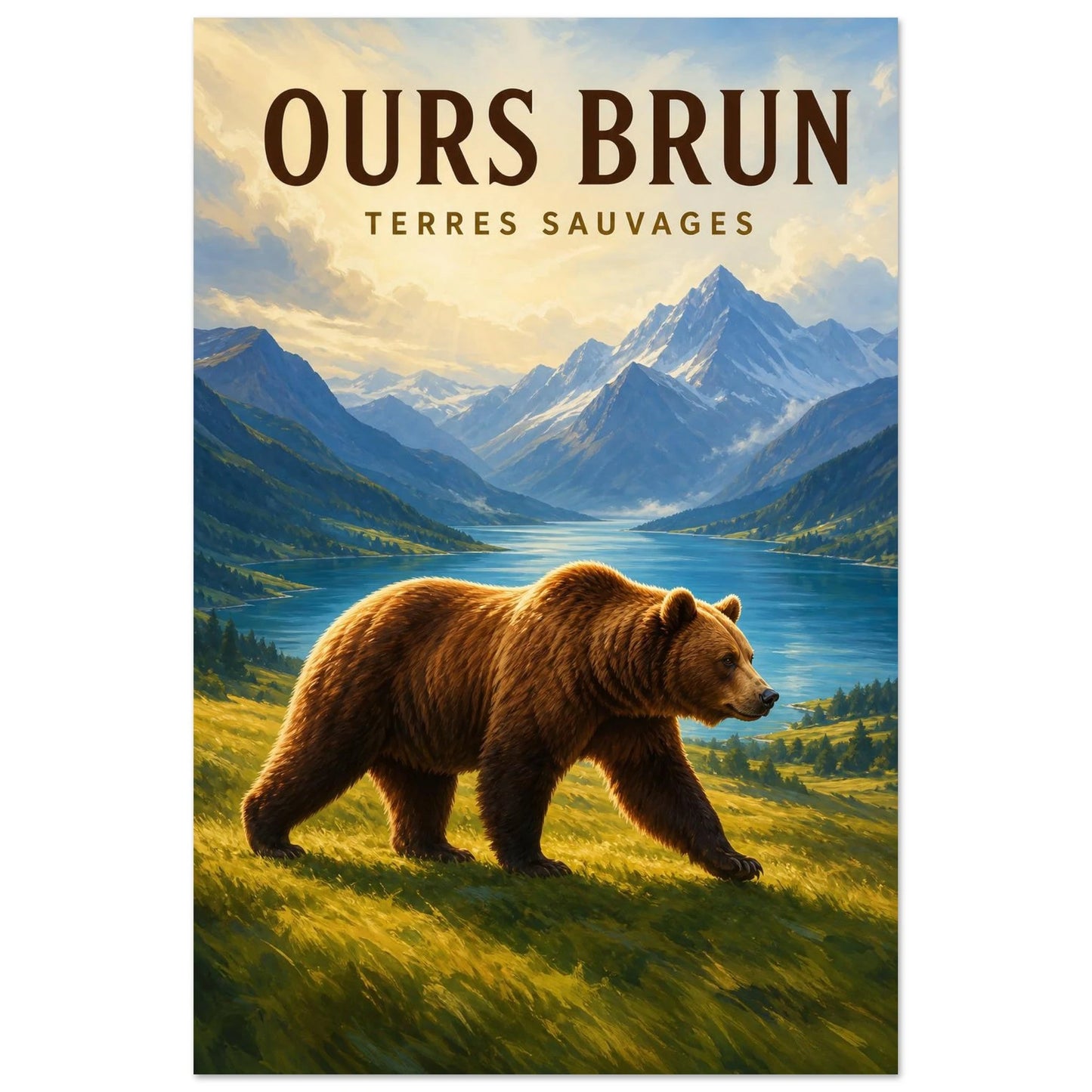 Affiche Ours Brun – Terres Sauvages, gouache contemporaine verticale, format 60 × 90 cm