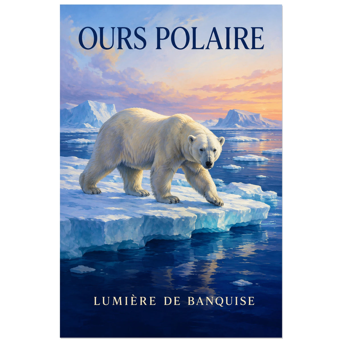 Affiche Ours polaire, lumière de banquise, illustration naturaliste peinte à typographie intégrée verticale, format 30 × 45 cm
