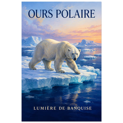 Affiche Ours polaire, lumière de banquise, illustration naturaliste peinte à typographie intégrée verticale, format 30 × 45 cm