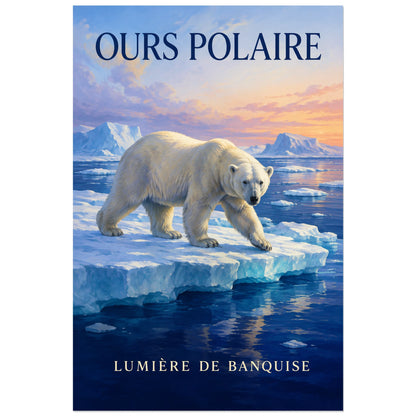 Affiche Ours polaire, lumière de banquise, illustration naturaliste peinte à typographie intégrée verticale, format 40 × 60 cm