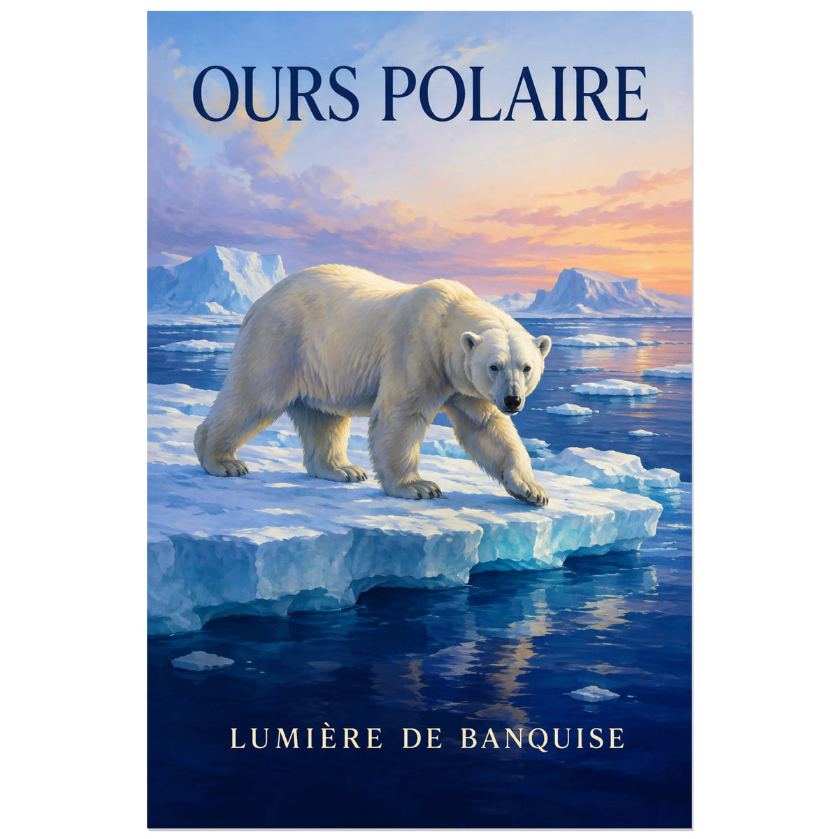 Affiche Ours polaire, lumière de banquise, illustration naturaliste peinte à typographie intégrée verticale, format 60 × 90 cm