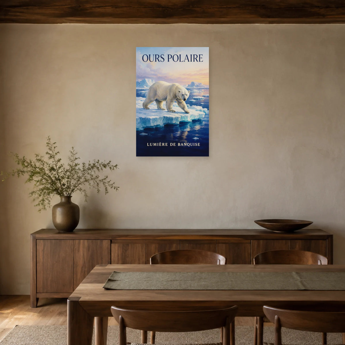 Affiche Ours polaire, lumière de banquise dans une salle à manger - Art Virtuoso