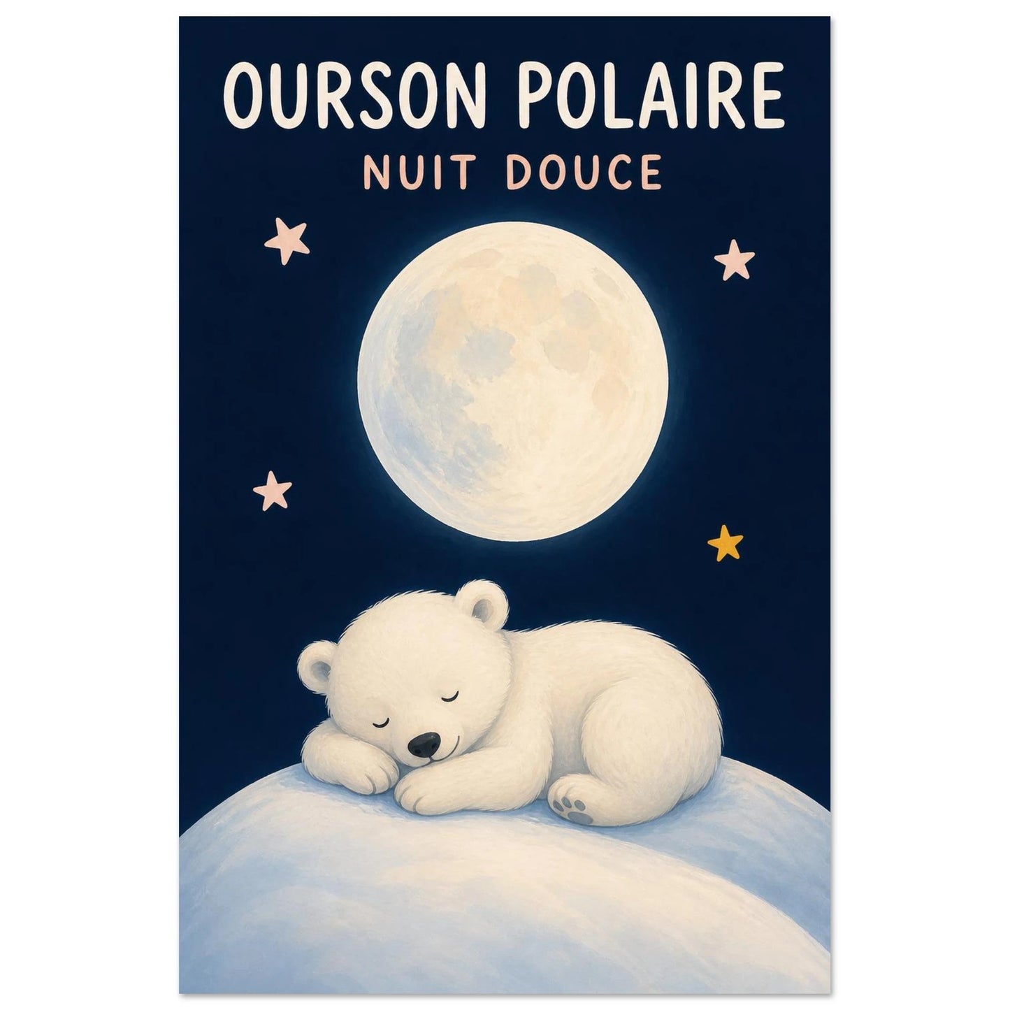 Affiche Ourson Polaire – Nuit Douce, gouache contemporaine verticale, format 30 × 45 cm