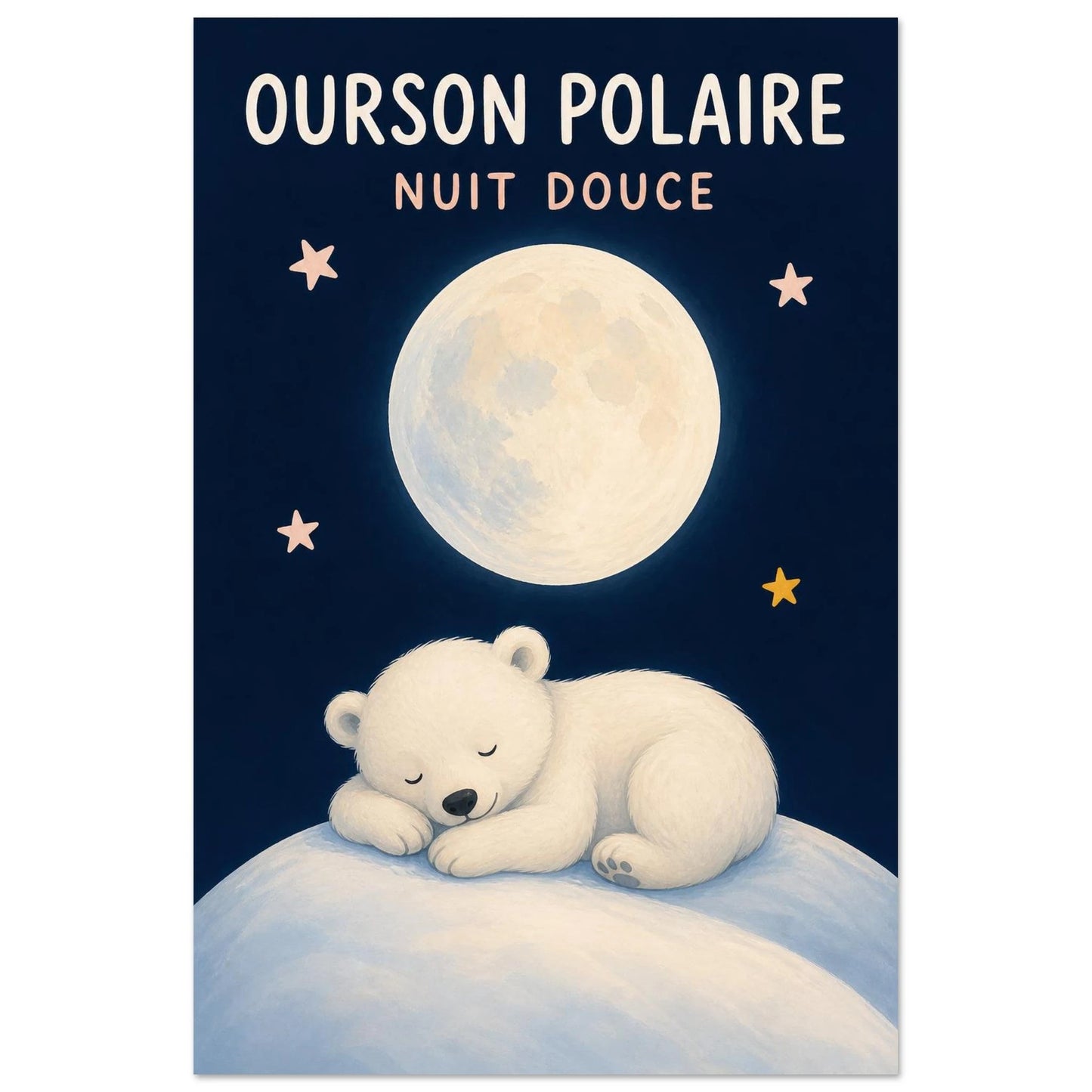 Affiche Ourson Polaire – Nuit Douce, gouache contemporaine verticale, format 60 × 90 cm