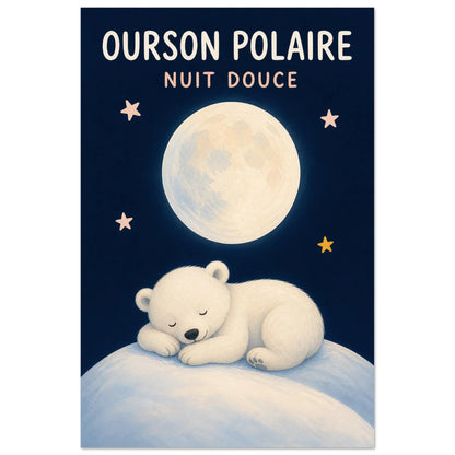 Affiche Ourson Polaire – Nuit Douce, gouache contemporaine verticale, format 60 × 90 cm