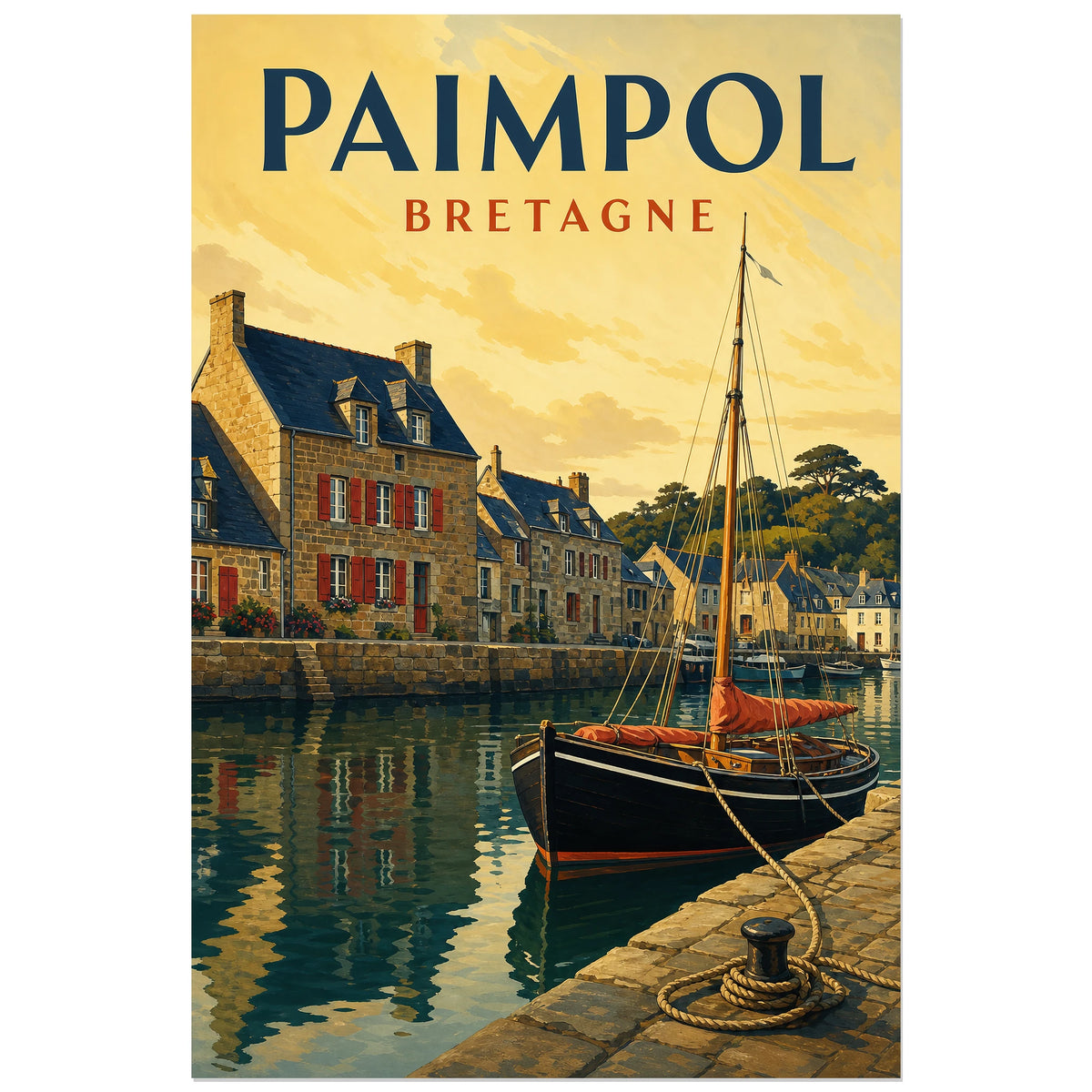 Voilier amarré devant les maisons de Paimpol, affiche 30 × 45 cm