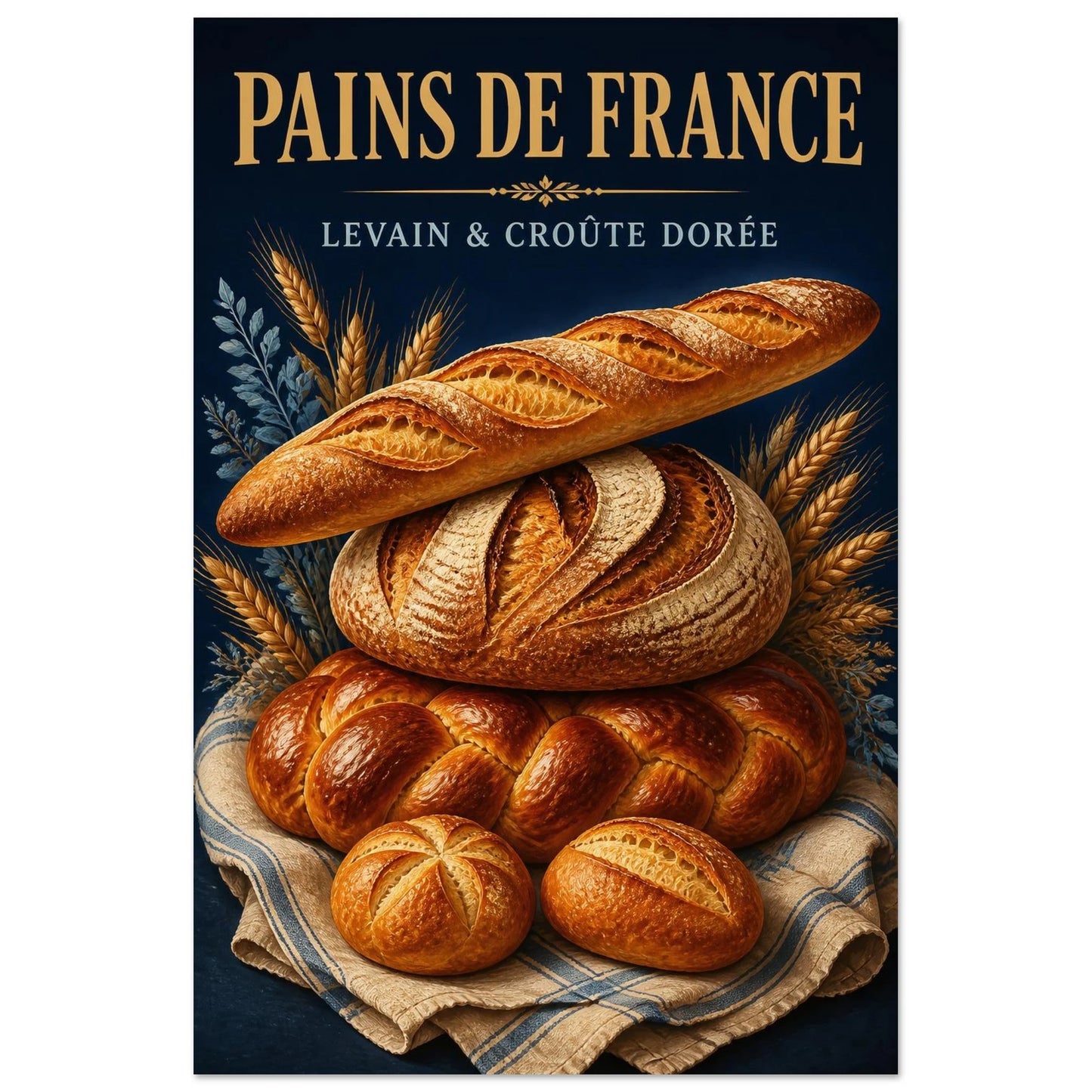 Affiche Pains de France – Levain & Croûte Dorée, illustration éditoriale verticale, format 30 × 45 cm