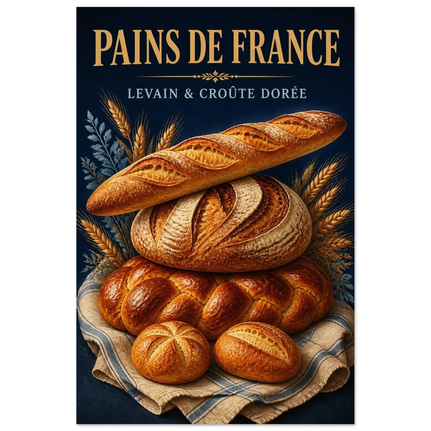 Affiche Pains de France – Levain & Croûte Dorée, illustration éditoriale verticale, format 40 × 60 cm
