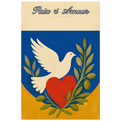 Affiche Paix & amour - Symboles graphiques, sérigraphie vintage aux formes franches inspirée des années 1970 verticale, format 60 × 90 cm