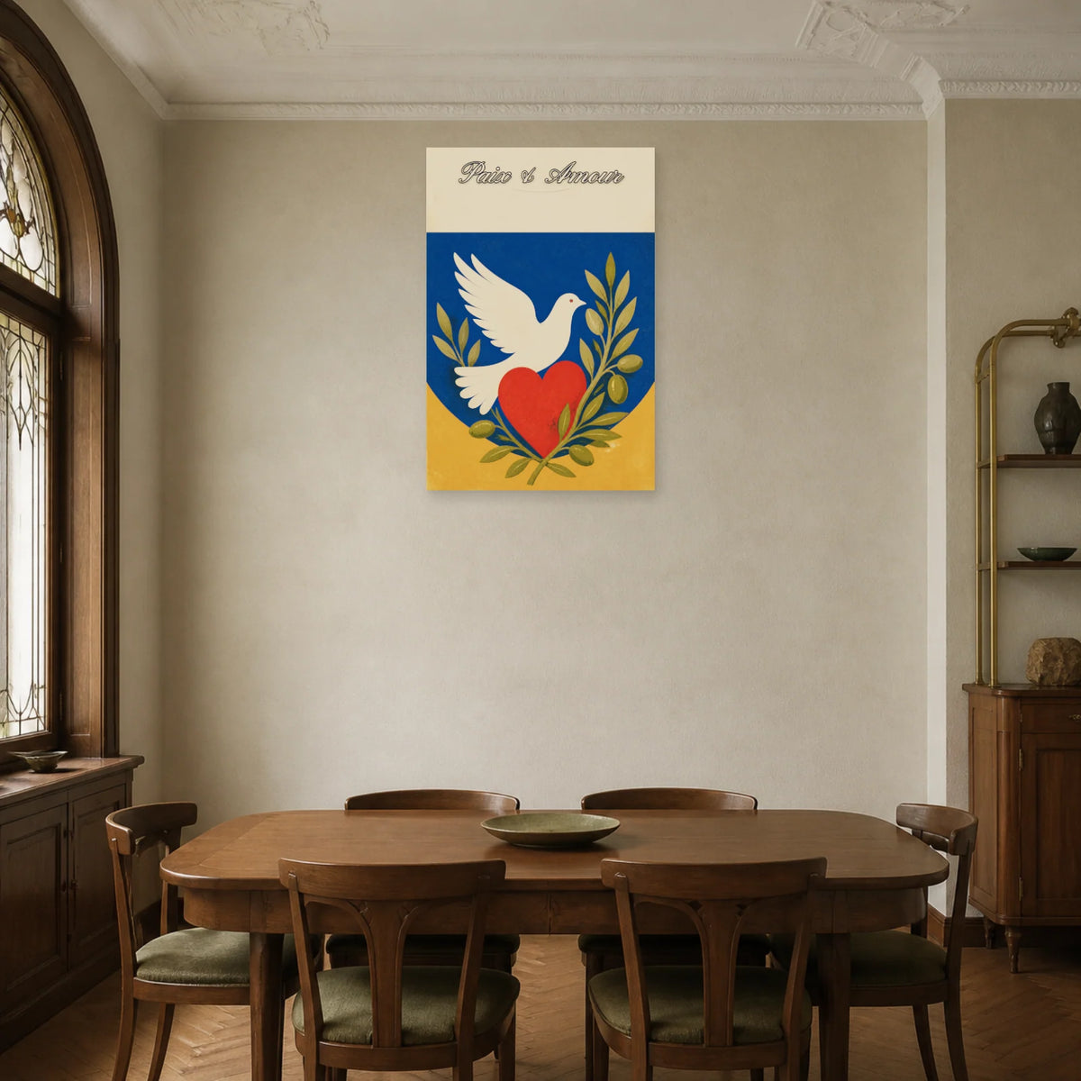 Affiche Paix & amour - Symboles graphiques dans une salle à manger - Art Virtuoso