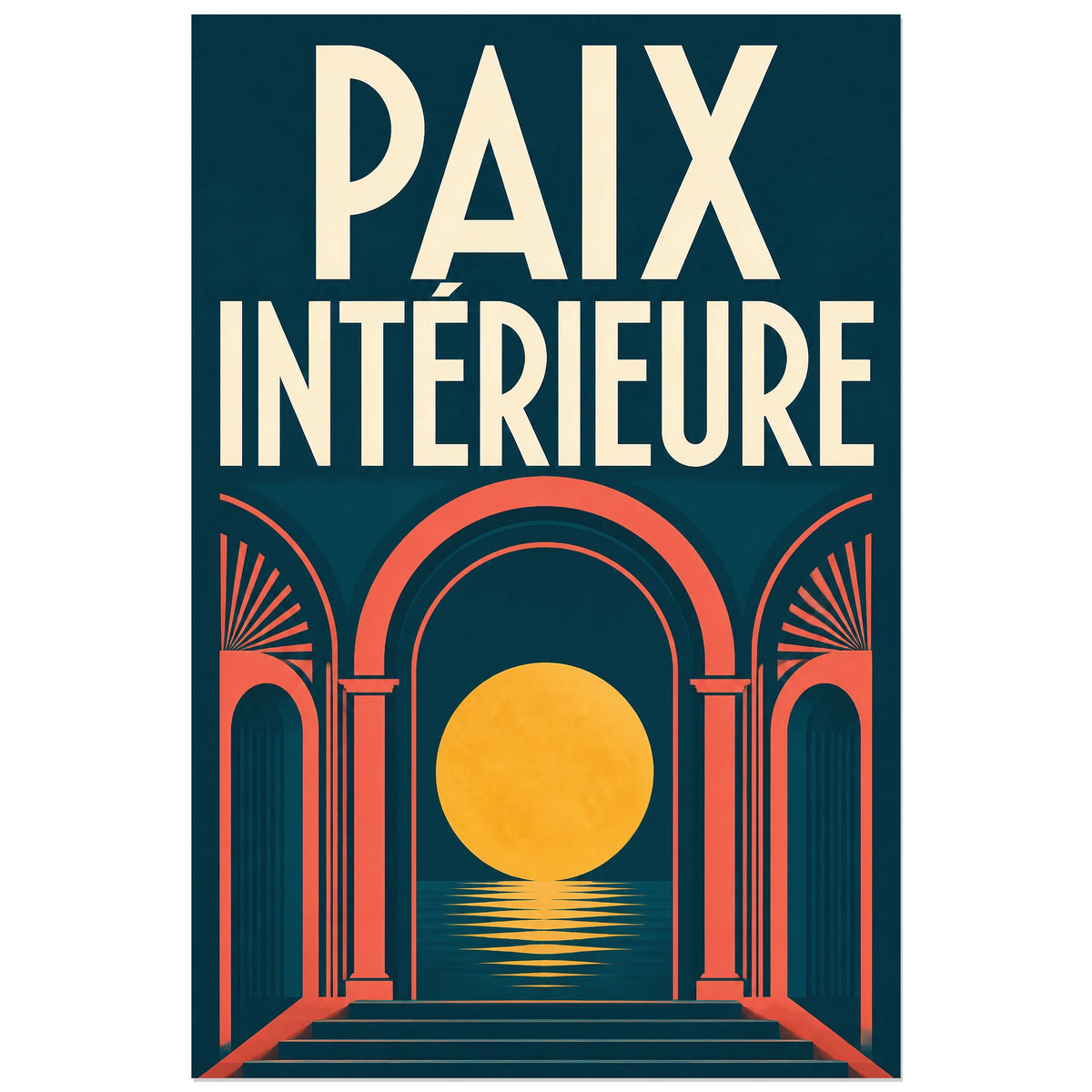 Affiche Paix intérieure – Arche solaire, graphisme architectural art déco verticale, format 30 × 45 cm