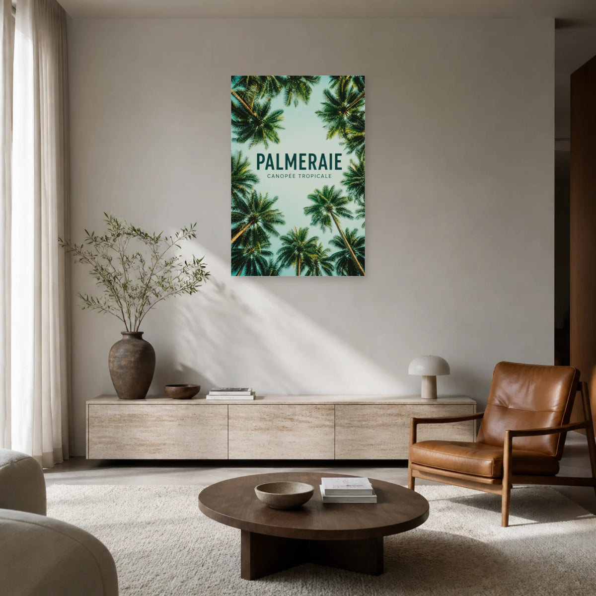 Affiche Palmeraie – Canopée tropicale dans un salon - Art Virtuoso