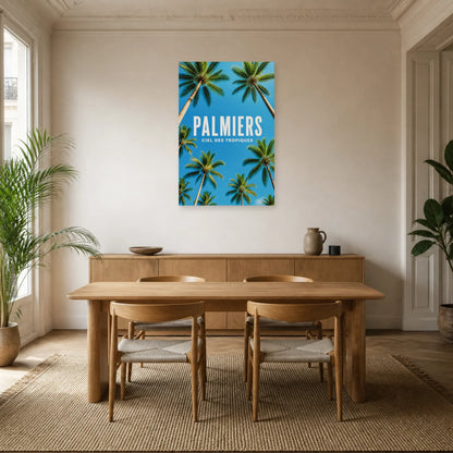 Affiche Palmiers – Sous le ciel bleu dans une salle à manger - Art Virtuoso