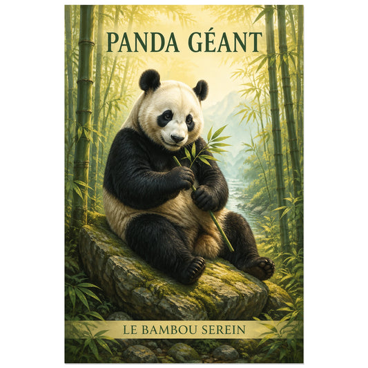 Affiche Panda géant, le bambou serein, illustration naturaliste peinte à typographie intégrée verticale, format 30 × 45 cm