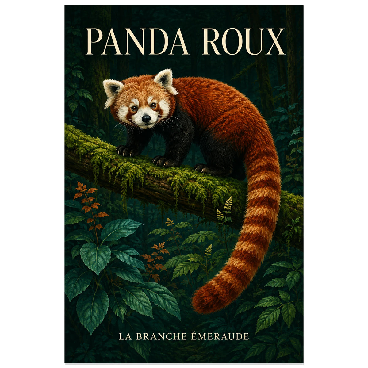 Affiche Panda roux, la branche émeraude, illustration naturaliste peinte à typographie intégrée verticale, format 30 × 45 cm
