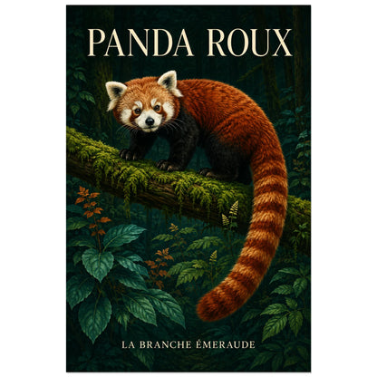 Affiche Panda roux, la branche émeraude, illustration naturaliste peinte à typographie intégrée verticale, format 60 × 90 cm