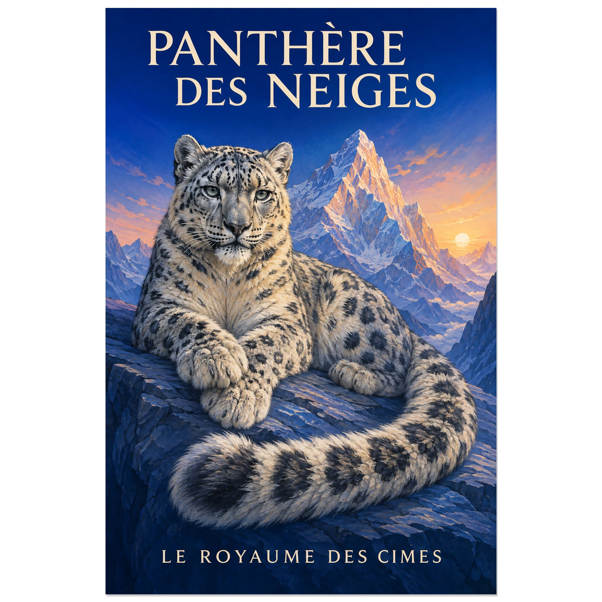 Affiche Panthère des neiges, le royaume des cimes, illustration naturaliste peinte à typographie intégrée verticale, format 30 × 45 cm