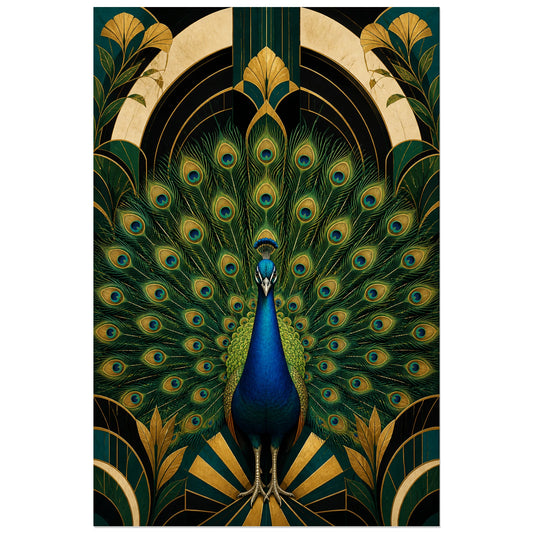 Affiche Paon émeraude - Élégance Art déco, composition art déco symétrique aux lignes précieuses verticale, format 30 × 45 cm