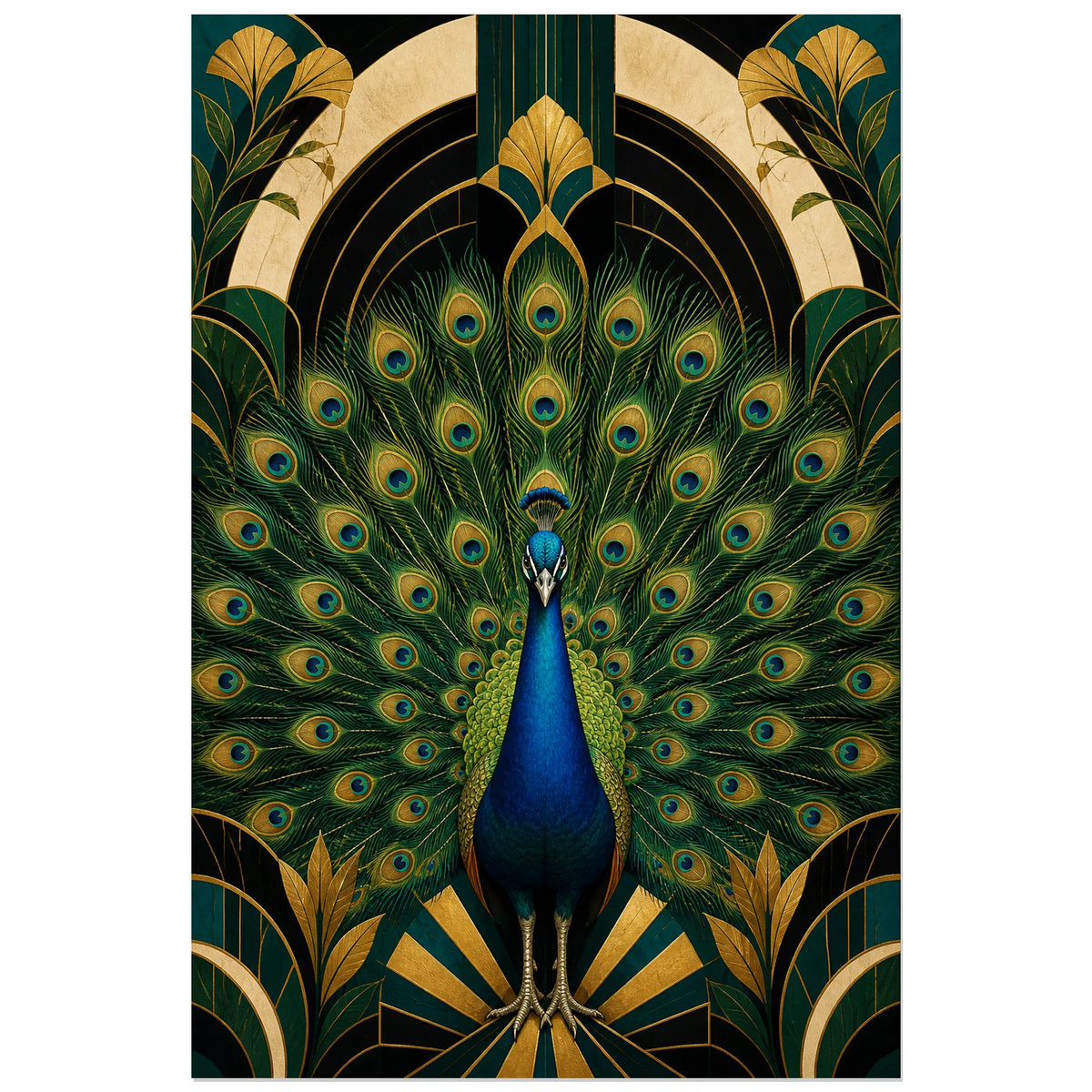 Affiche Paon émeraude - Élégance Art déco, composition art déco symétrique aux lignes précieuses verticale, format 40 × 60 cm