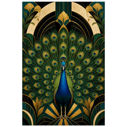 Affiche Paon émeraude - Élégance Art déco, composition art déco symétrique aux lignes précieuses verticale, format 60 × 90 cm