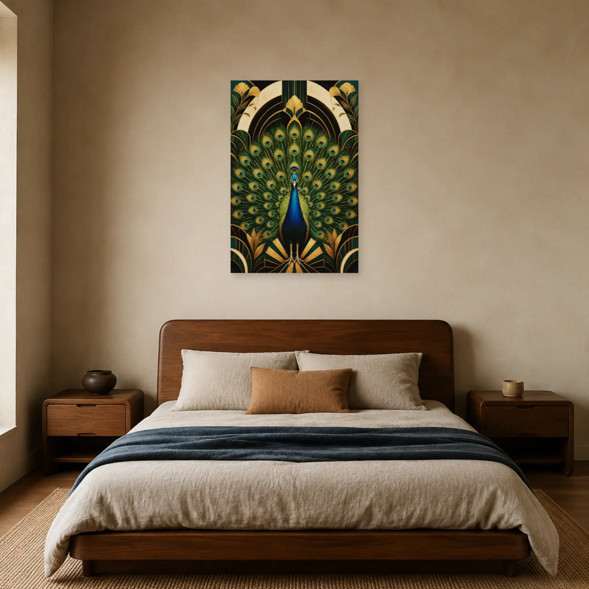 Affiche Paon émeraude - Élégance Art déco dans une chambre - Art Virtuoso