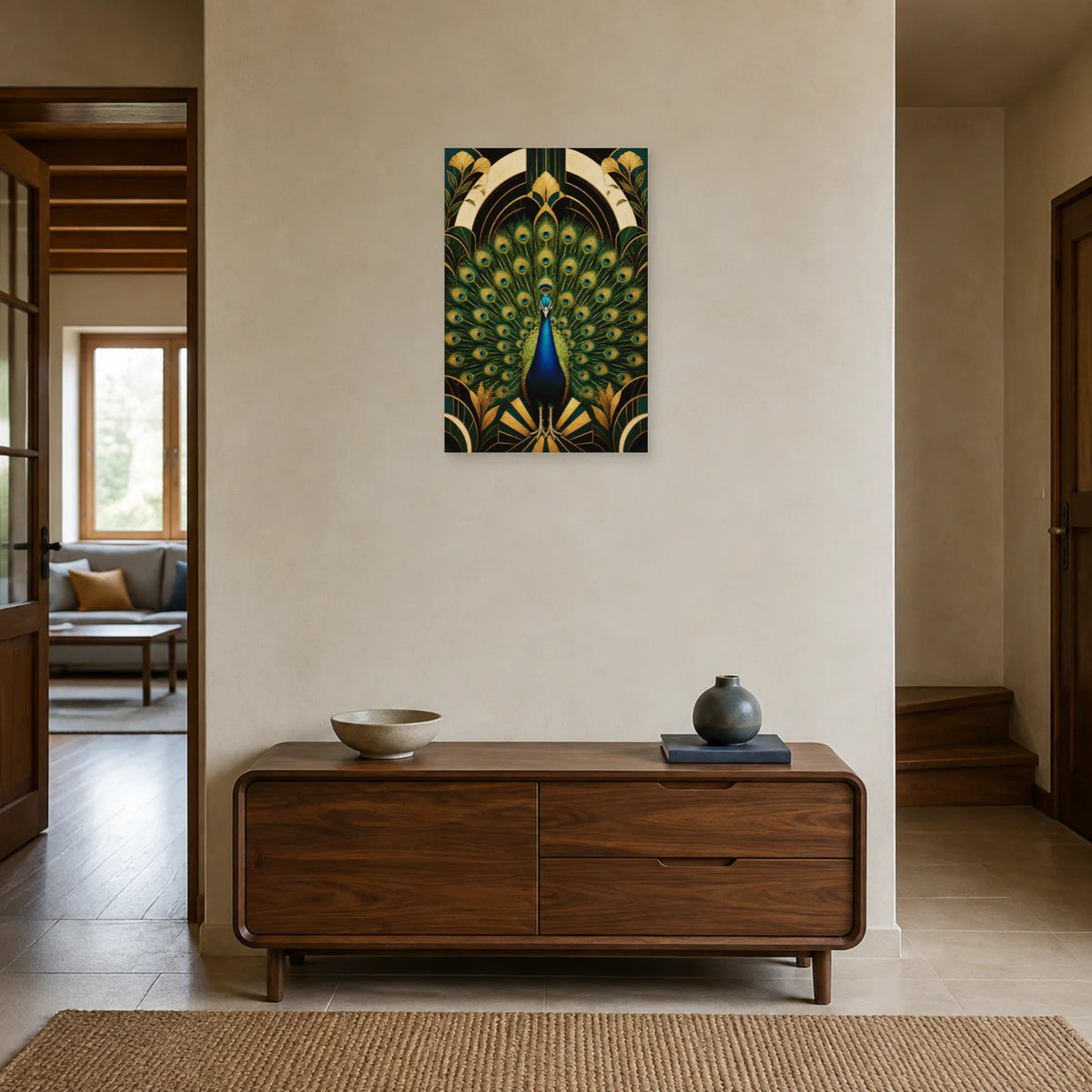 Affiche Paon émeraude - Élégance Art déco dans une entrée ou un couloir - Art Virtuoso