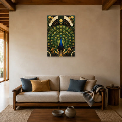 Affiche Paon émeraude - Élégance Art déco dans un salon - Art Virtuoso