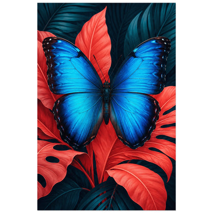 Affiche Papillon bleu – Éclat tropical, illustration botanique contemporaine / graphisme tropical verticale, format 30 × 45 cm