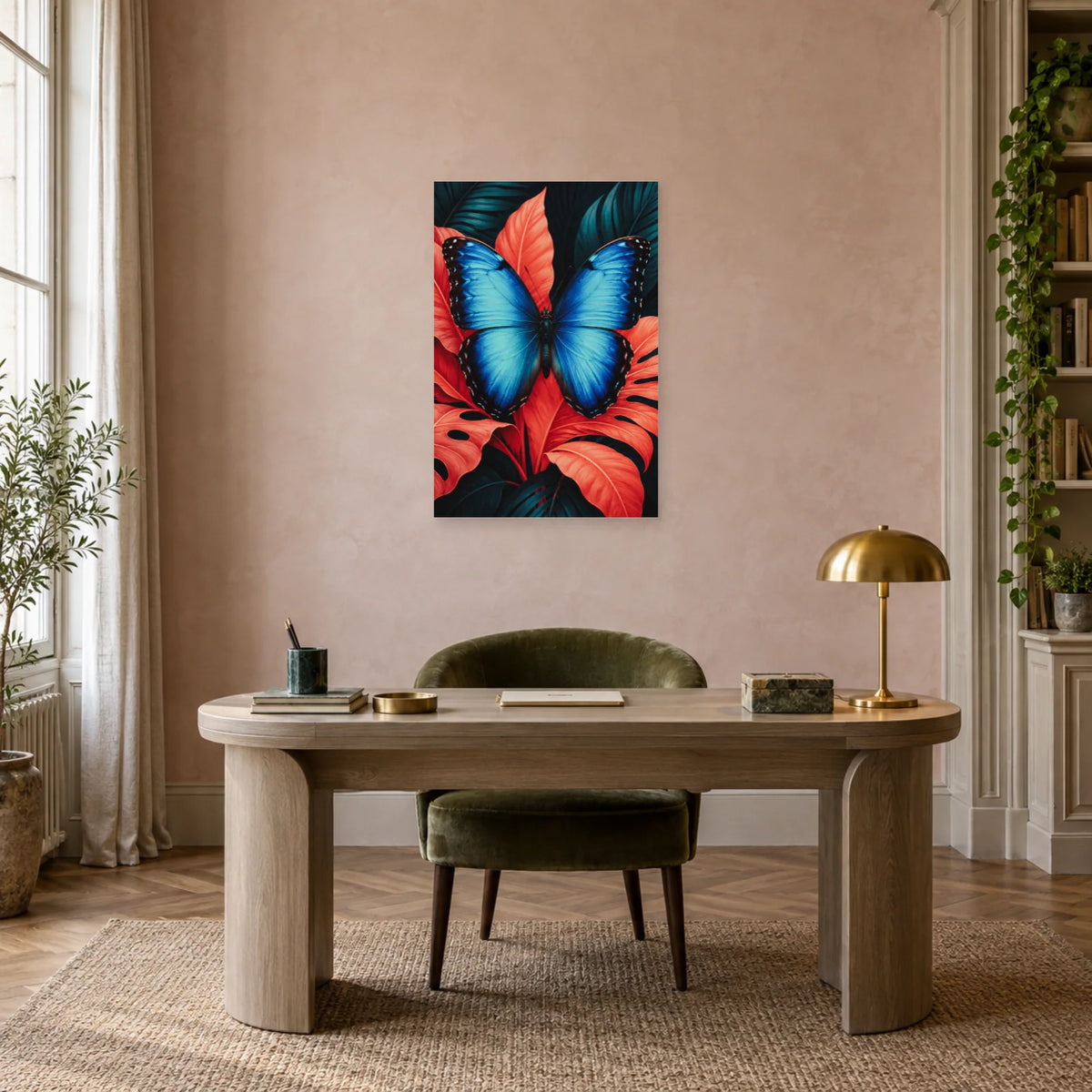 Affiche Papillon bleu – Éclat tropical dans un bureau - Art Virtuoso
