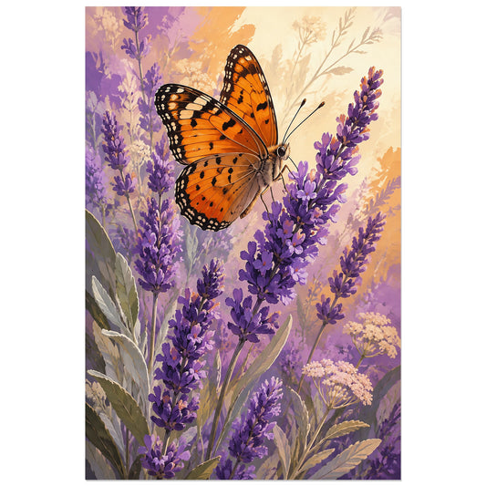 Affiche Papillon sur lavande – Été violet, illustration botanique / peinture éditoriale verticale, format 30 × 45 cm