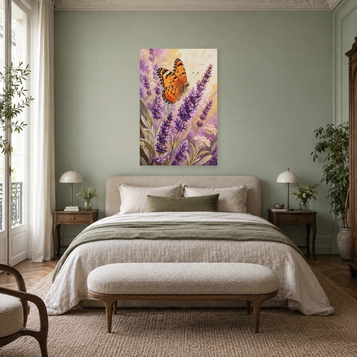 Affiche Papillon sur lavande – Été violet dans une chambre - Art Virtuoso