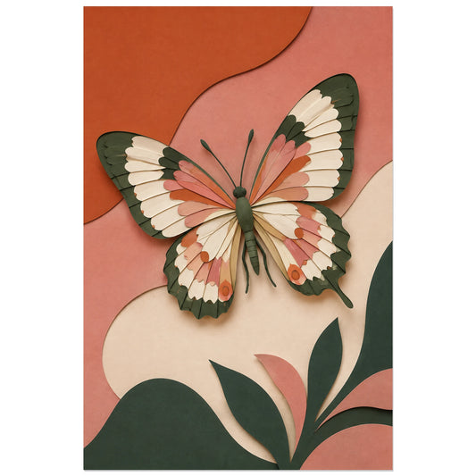 Affiche Papillon mural – Silence terracotta, papier découpé / minimalisme organique verticale, format 30 × 45 cm