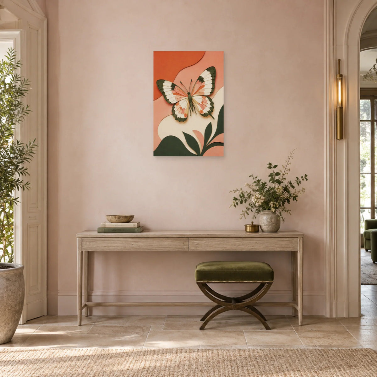 Affiche Papillon mural – Silence terracotta dans une entrée ou un couloir - Art Virtuoso