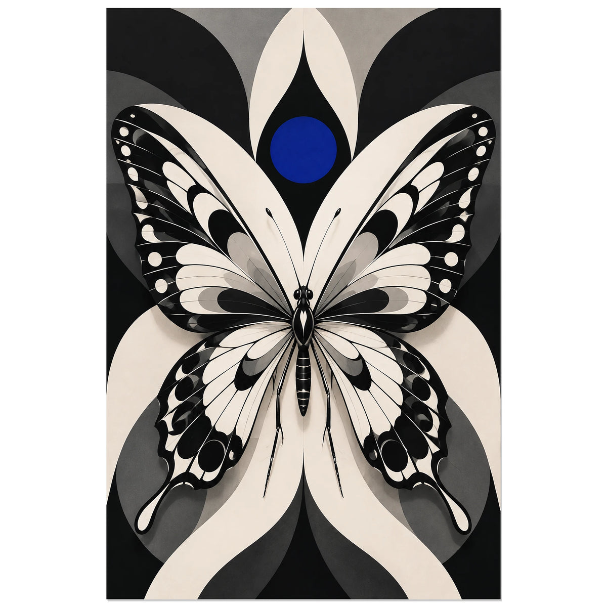 Affiche Papillon noir et blanc – Ailes graphiques, art optique / illustration graphique verticale, format 30 × 45 cm