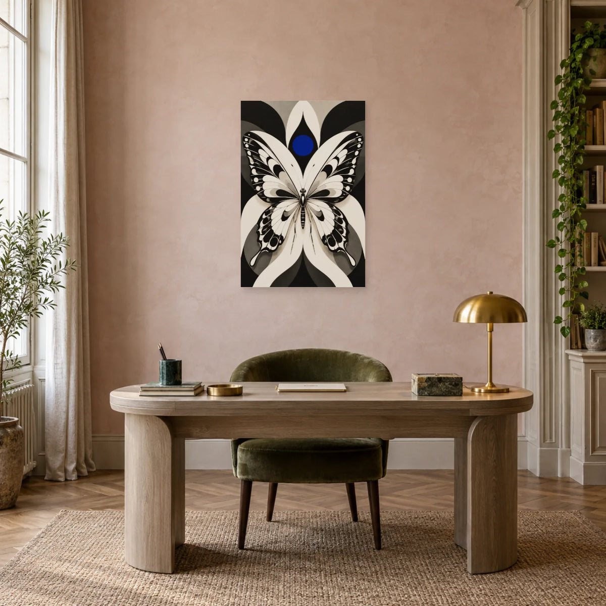 Affiche Papillon noir et blanc – Ailes graphiques dans un bureau - Art Virtuoso