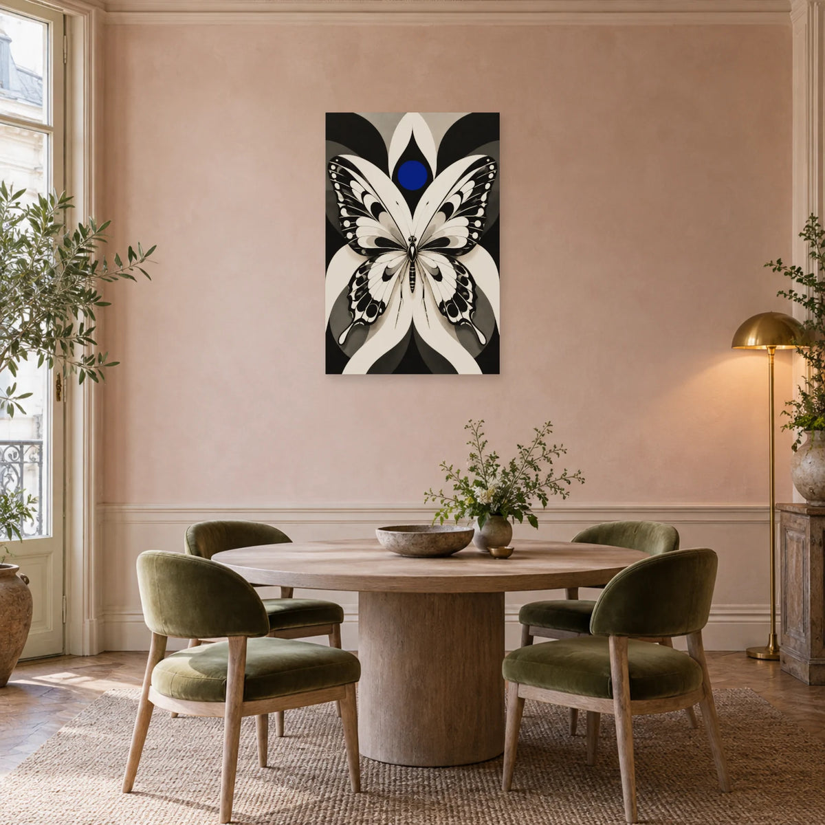 Affiche Papillon noir et blanc – Ailes graphiques dans une salle à manger - Art Virtuoso