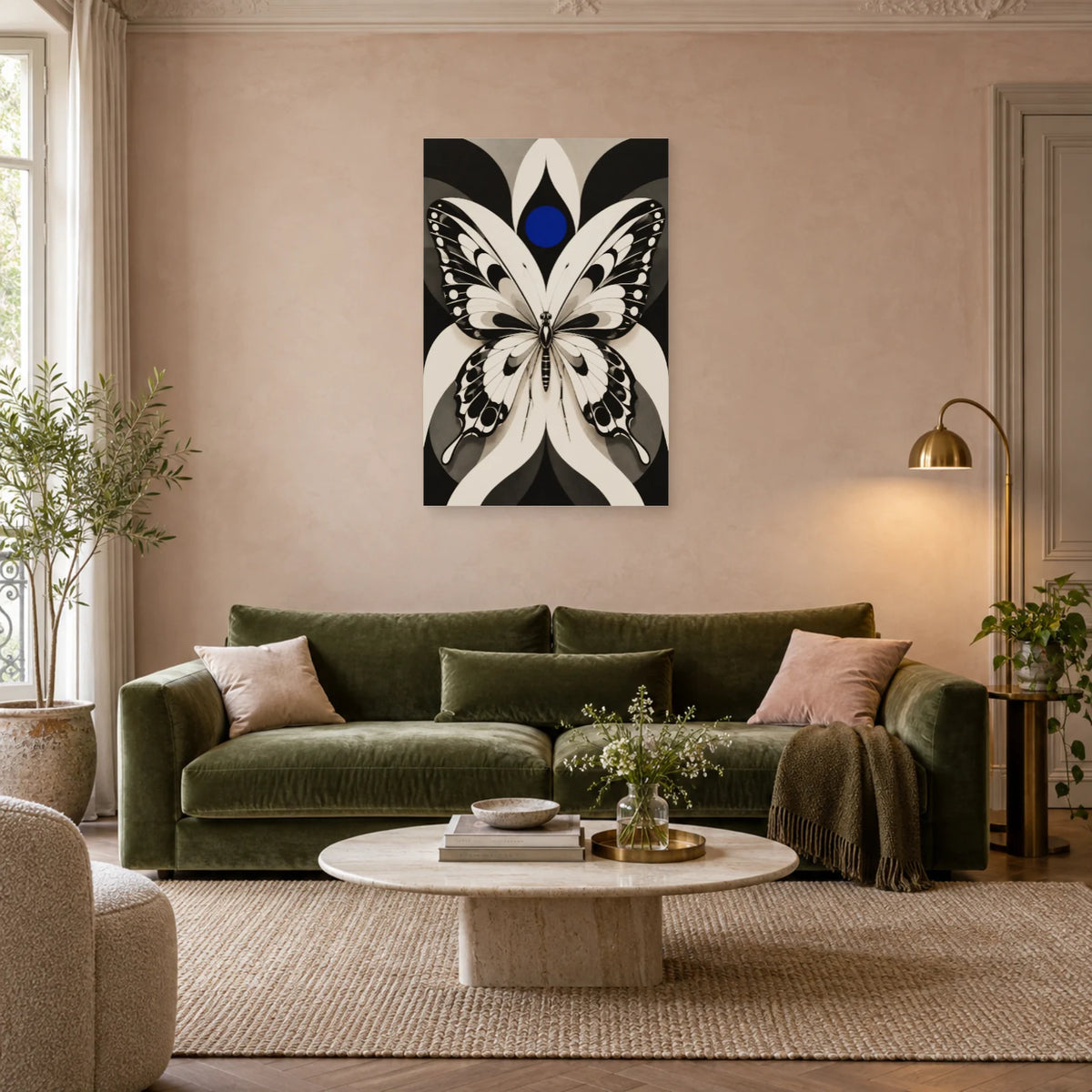 Affiche Papillon noir et blanc – Ailes graphiques dans un salon - Art Virtuoso