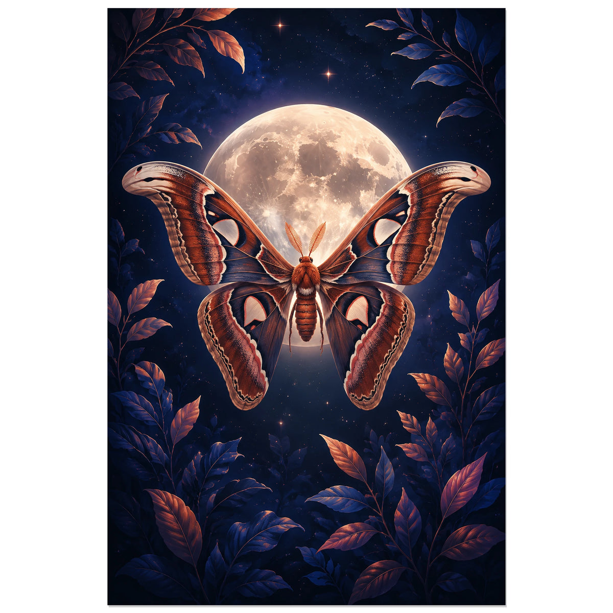 Affiche Papillon de nuit – Lune magnétique, illustration nocturne / fantaisie naturaliste verticale, format 30 × 45 cm