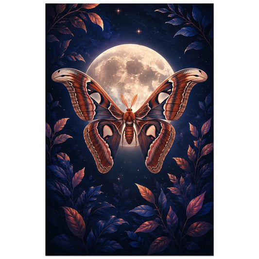 Affiche Papillon de nuit – Lune magnétique, illustration nocturne / fantaisie naturaliste verticale, format 30 × 45 cm