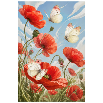 Affiche Papillons et coquelicots – Danse rouge, illustration botanique / peinture décorative verticale, format 30 × 45 cm