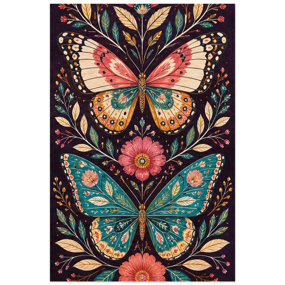 Affiche de papillons et fleurs sur fond aubergine, 30 × 45 cm