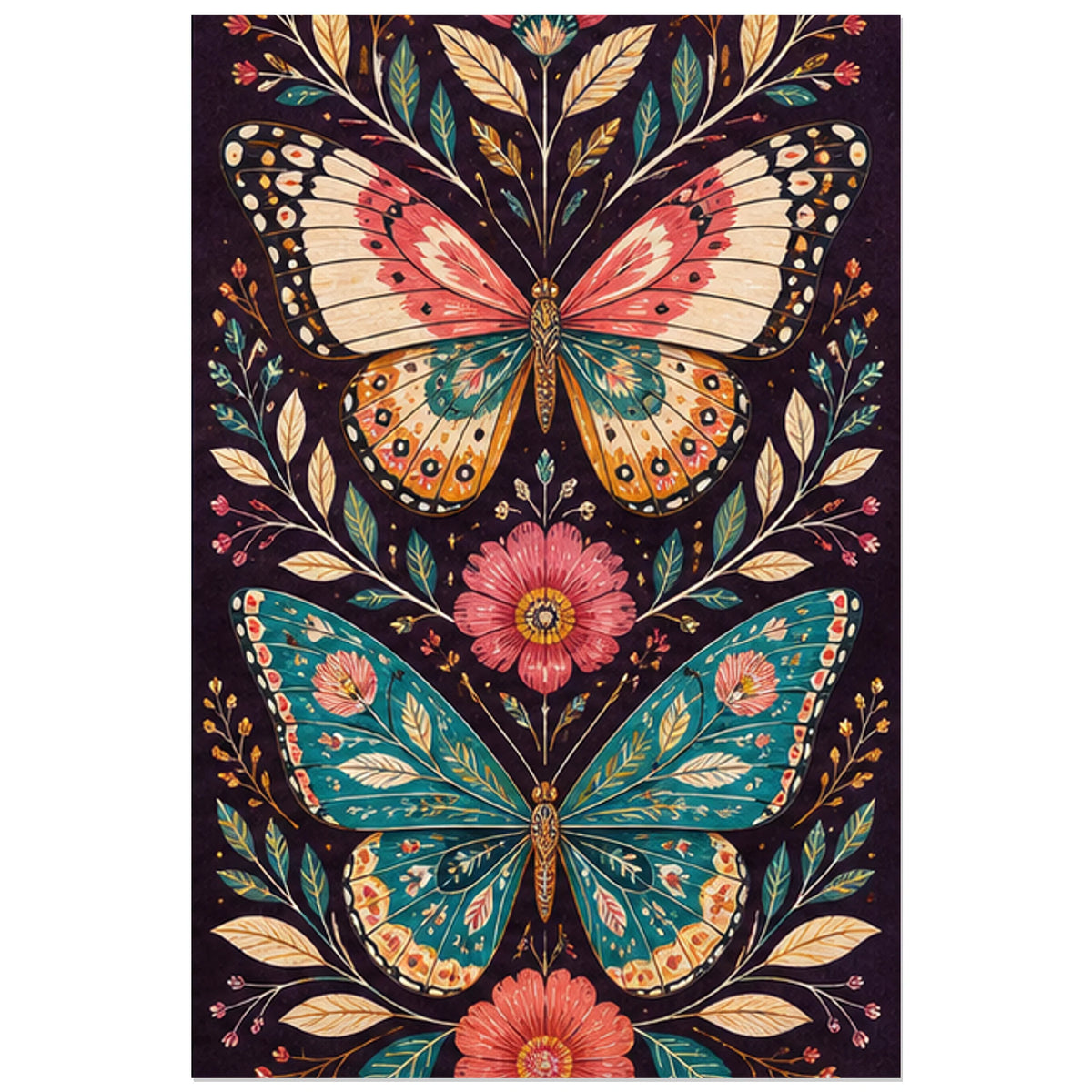 Papillons et feuillages colorés, affiche 60 × 90 cm
