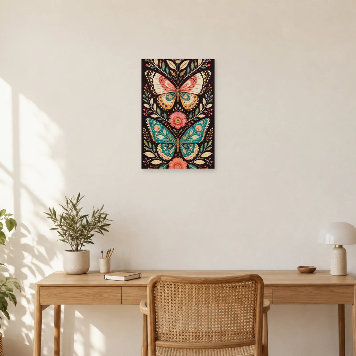 Affiche Papillons et fleurs bohèmes dans un bureau - Art Virtuoso